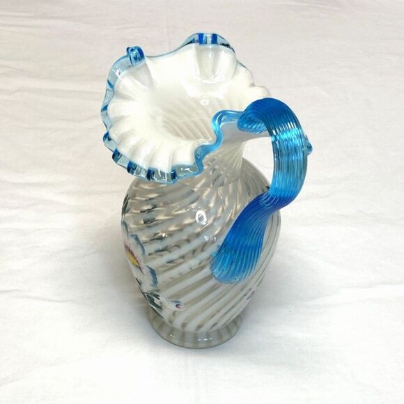 Fenton 90th Spiral French Opal Pitcher Blue Handle Ruffle Rim Poppy Art Glass - Picture 3 of 10